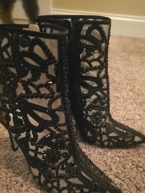 Betsey Johnson Black Lace Embellished Mesh High-Heel Boots